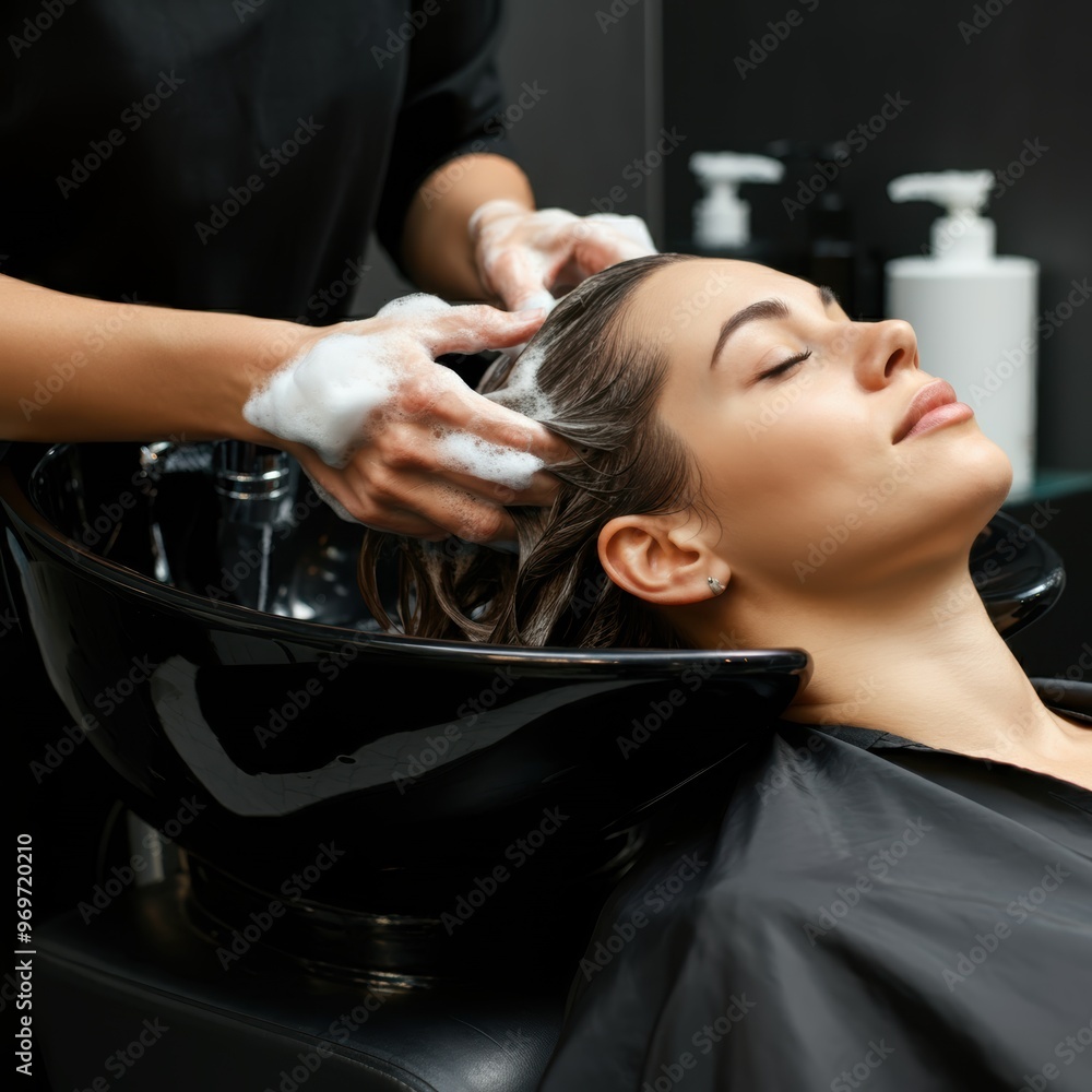 Fototapeta premium Hairdresser washing woman's hair in hairdresser salon