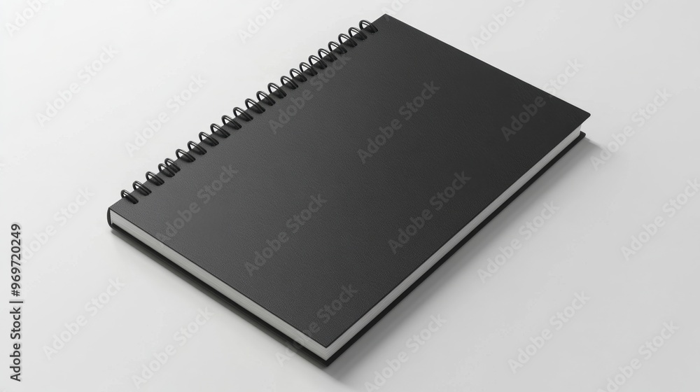Black spiral notebook mockup top view on white background ready for creative designs Black spiral notebook mockup top view on white background ready for creative designs