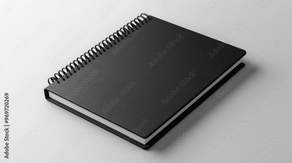 Minimalistic 3D render of a black spiral notebook mockup on a white background from a top view Minimalistic 3D render of a black spiral notebook mockup on a white background from a top view