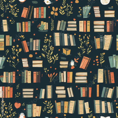 Whimsical pattern of old books in a library, seamless pattern, flat design