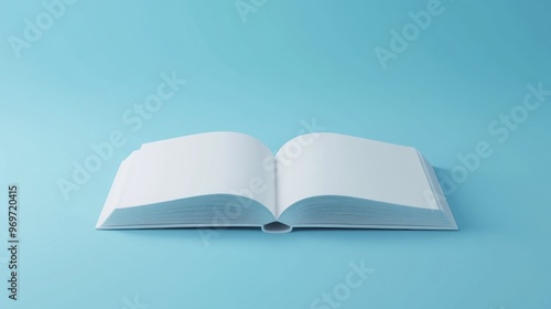 Open book with blank pages on light blue background for creative design and advertising mockup