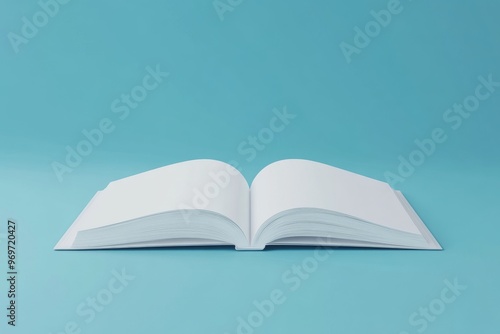 3D render of an open book with blank pages on a light blue background for creative design concepts