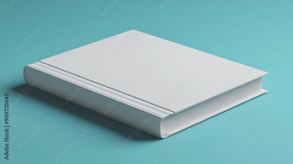 Close-up view of a white hardcover book with detailed design on a blue background for mockup Close-up view of a white hardcover book with detailed design on a blue background for mockup