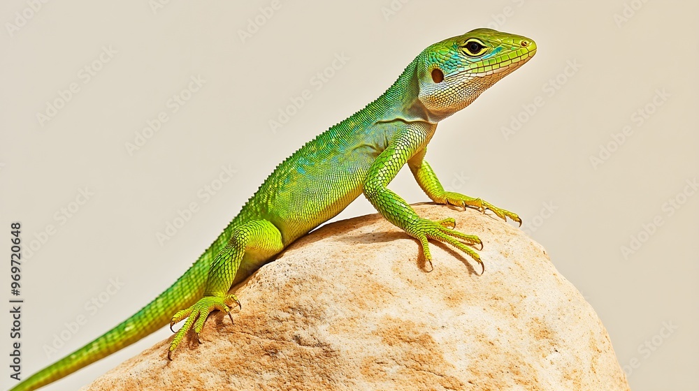 A vibrant green lizard perched on a smooth rock, showcasing its intricate scales and vivid colors against a light solid color background A vibrant green lizard perched on a smooth rock, showcasing its intricate scales and vivid colors against a light solid color background