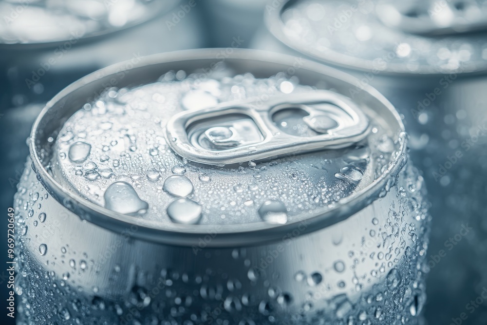 Freshly chilled beverage cans with condensation on a cool surface Freshly chilled beverage cans with condensation on a cool surface