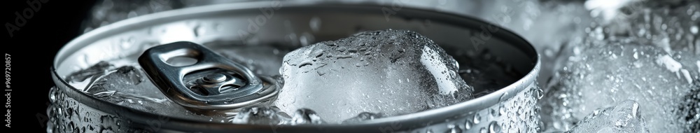 Chilled drink can resting on ice cubes in a dark setting Chilled drink can resting on ice cubes in a dark setting