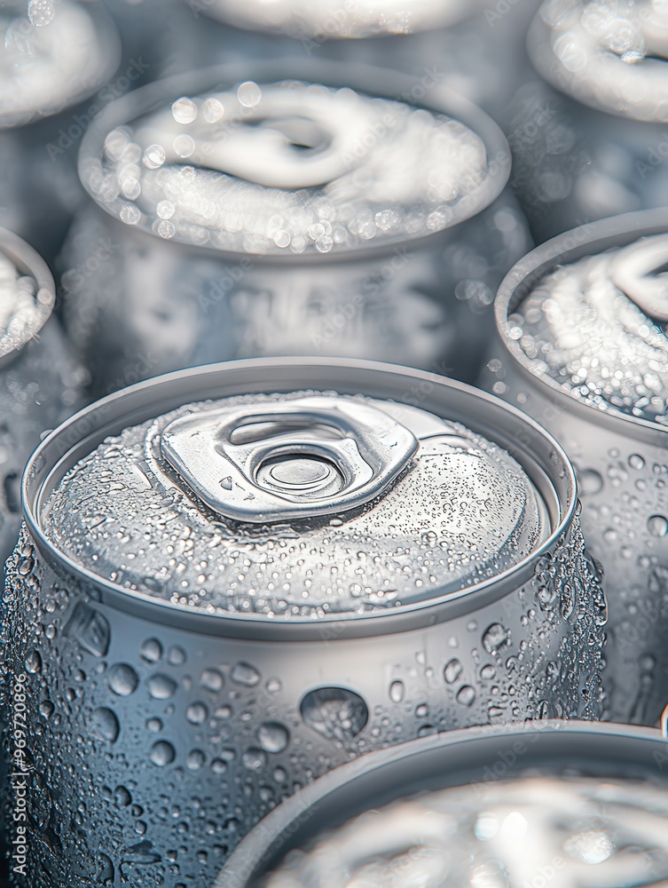 Freshly chilled aluminum cans stacked in a cool, refreshing arrangement Freshly chilled aluminum cans stacked in a cool, refreshing arrangement