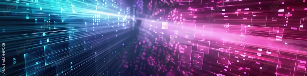 Obraz premium A digital glitch abstract background featuring distorted geometric patterns in vibrant magenta and cyan, creating a dynamic and futuristic aesthetic.