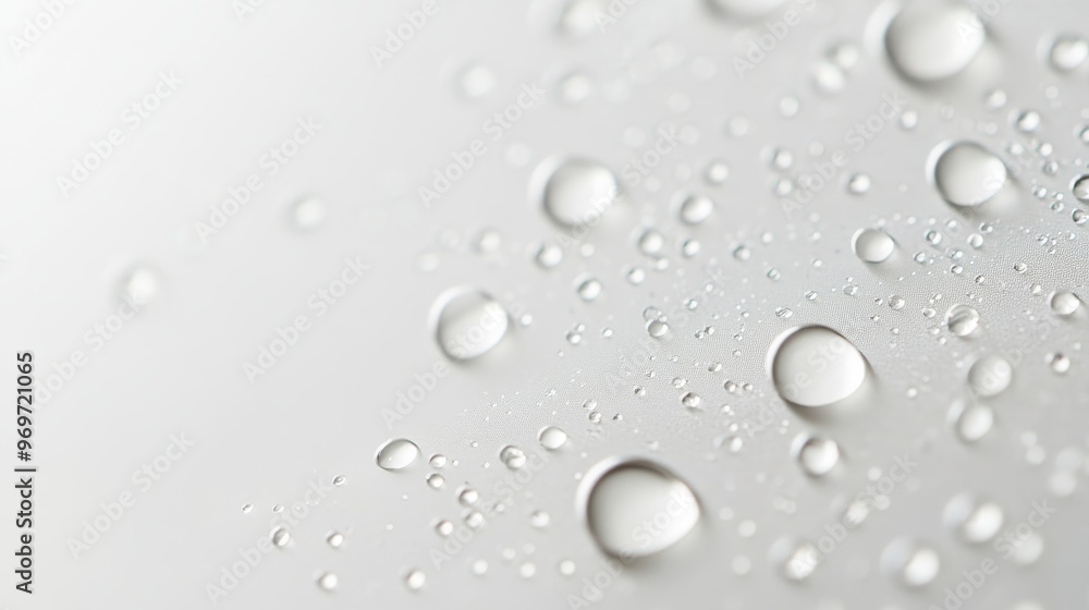 Water droplets rest on a smooth surface, showcasing their spherical shapes and the interplay of light and shadow during daylight, creating an intriguing visual effect Water droplets rest on a smooth surface, showcasing their spherical shapes and the interplay of light and shadow during daylight, creating an intriguing visual effect