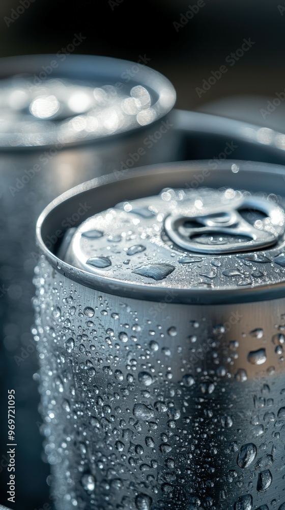 Cans with condensation in an outdoor setting on a sunny day Cans with condensation in an outdoor setting on a sunny day