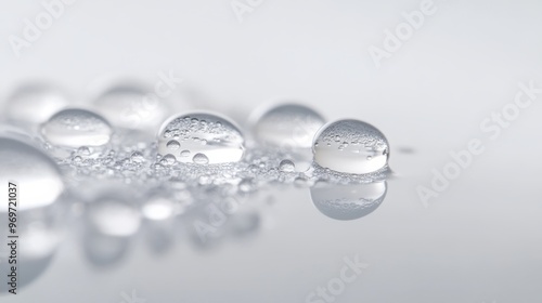 Close-up view of clear water droplets resting on a sleek surface, creating reflections and bokeh effects in a simple, elegant composition