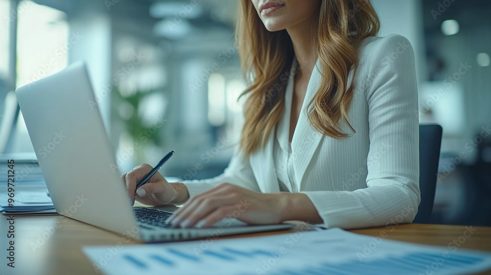 businesswoman's hands typing on a laptop keyboard. Focus is on her fingers as she works on a modern computer in a professional office environment, representing productivity and technology
businesswoman's hands typing on a laptop keyboard. Focus is on her fingers as she works on a modern computer in a professional office environment, representing productivity and technology