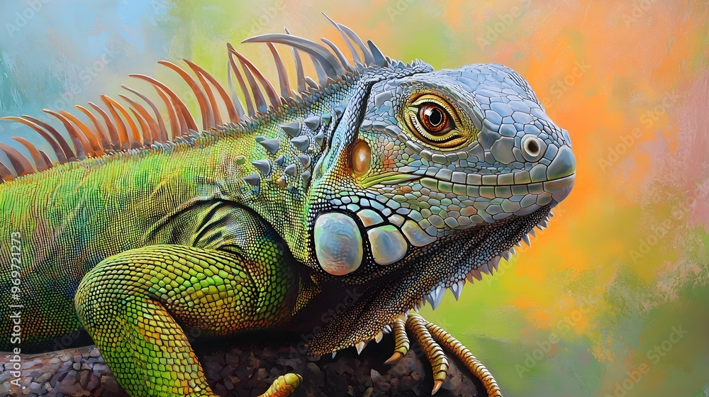 Fototapeta premium Realistic close-up of a green iguana basking in sunlight, showcasing its textured scales and vibrant colors against a soft pastel background