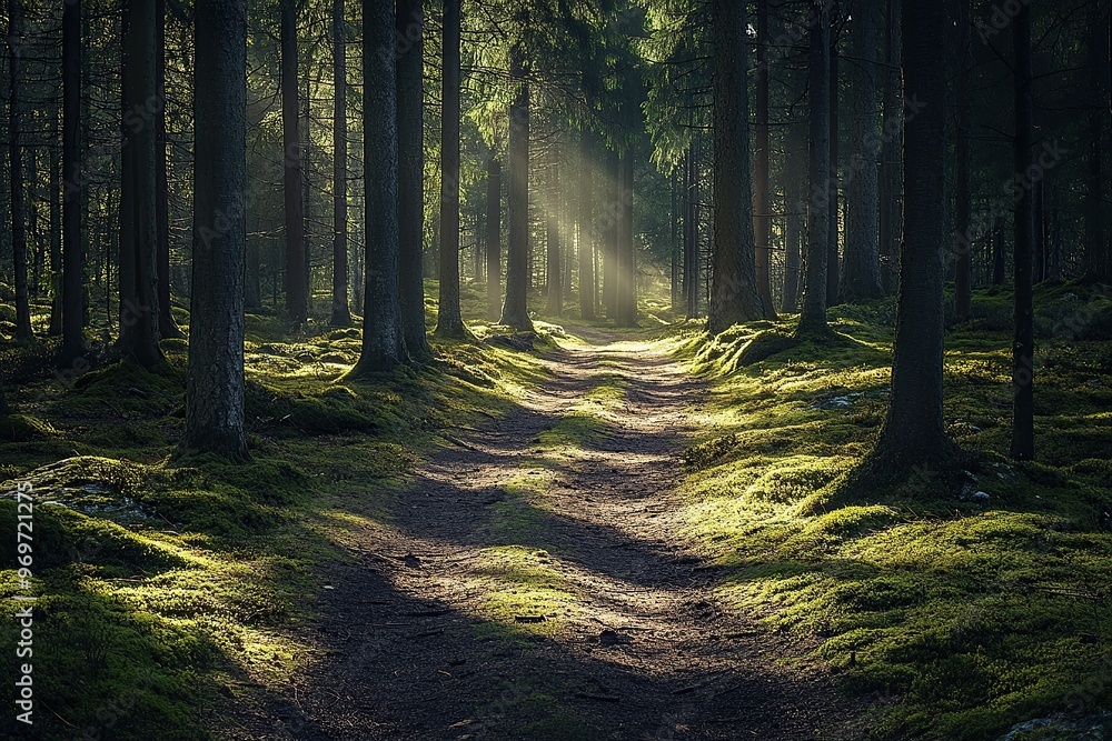 Fototapeta premium photo of forest path in a deep woods with tall trees, a dirt road, mossy ground, sun light