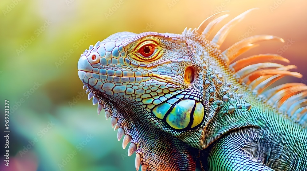 Realistic close-up of a green iguana basking in sunlight, showcasing its textured scales and vibrant colors against a soft pastel background Realistic close-up of a green iguana basking in sunlight, showcasing its textured scales and vibrant colors against a soft pastel background