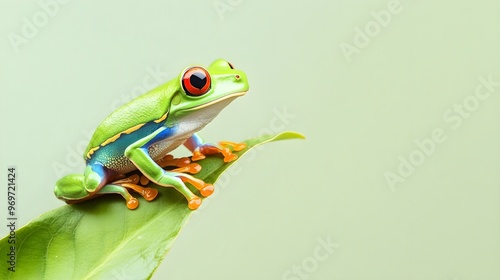 A vibrant green tree frog perched on a leaf, showcasing its bright colors and intricate patterns against a light solid color background