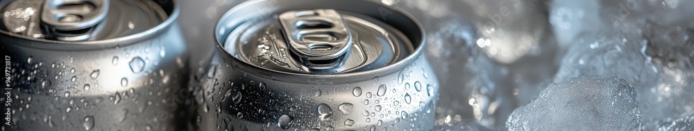 Chilled aluminum cans surrounded by ice in a refreshing summer setting Chilled aluminum cans surrounded by ice in a refreshing summer setting