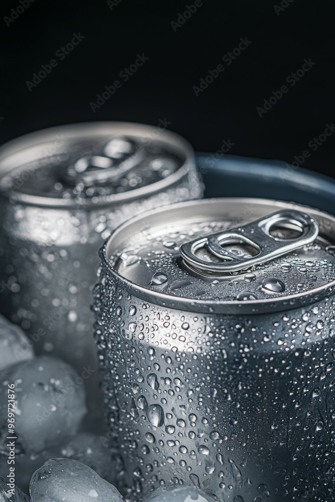 Chilled beverage cans resting on ice with condensation on a dark background Chilled beverage cans resting on ice with condensation on a dark background