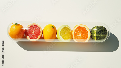 Sliced citrus fruits arranged in a long transparent capsule for wellness theme