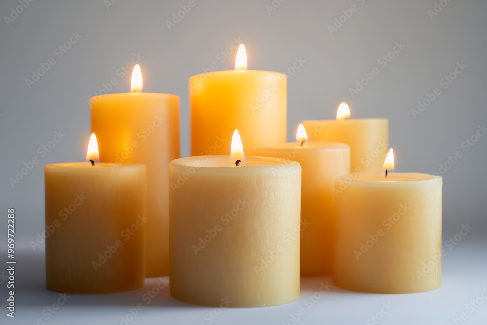 Lit Candles with Glowing Flames on White Background Lit Candles with Glowing Flames on White Background