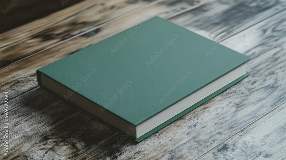 Blank green book cover mockup resting on a wooden table creating a minimalistic display Blank green book cover mockup resting on a wooden table creating a minimalistic display
