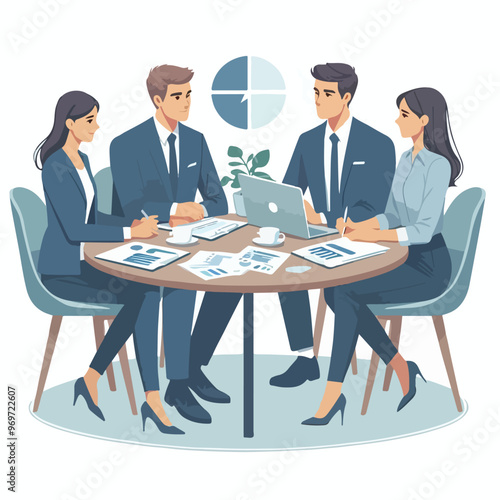 Partners meeting for business discussion with documents and laptop on desk. Couple at round table, speaking, discussing work, partnership. Flat vector illustration isolated on white background