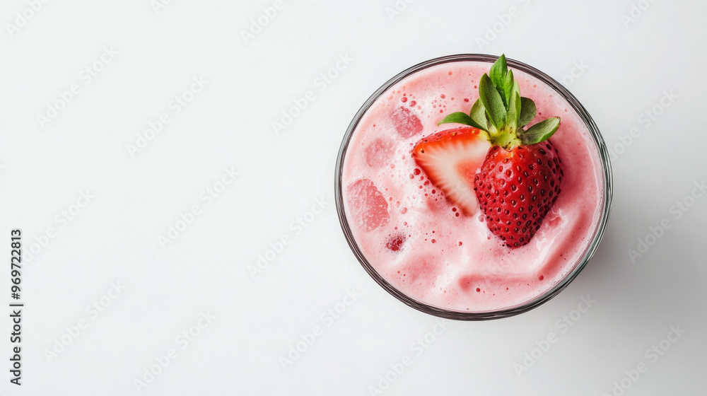 A glass of pink strawberry milkshake or cocktail, seen from above, against a white background. A glass of pink strawberry milkshake or cocktail, seen from above, against a white background.