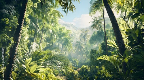 Fototapeta Naklejka Na Ścianę i Meble -  An intricately detailed view of a tropical jungle with towering trees, exotic plants, and a clear blue sky peeking through the canopy, providing a sense of depth and adventure