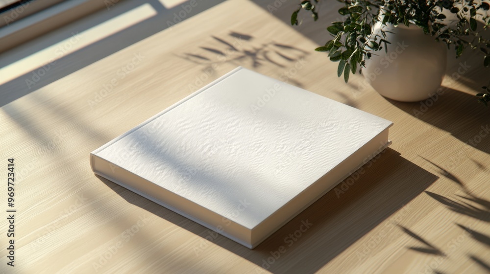 Fototapeta premium Blank white book cover mockup on a wooden table with natural light and shadows