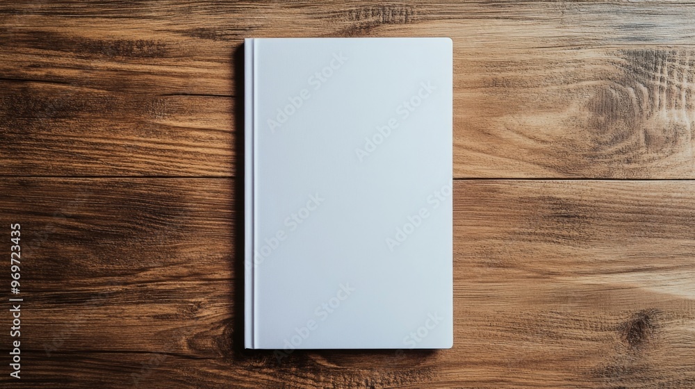 Blank white book cover template displayed on a wooden table in a minimalist style Blank white book cover template displayed on a wooden table in a minimalist style