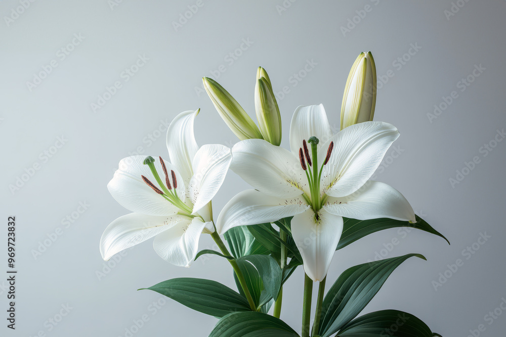 Fototapeta premium White and Pink Lilies in Full Bloom on a White Surface