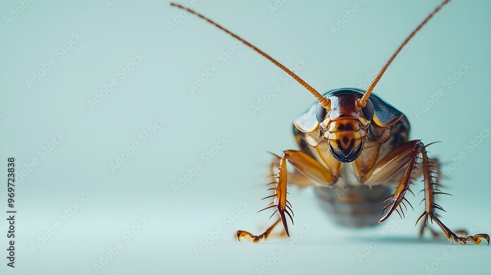 A close-up view of a cockroach perched on a light solid color background, highlighting its texture and color variations A close-up view of a cockroach perched on a light solid color background, highlighting its texture and color variations