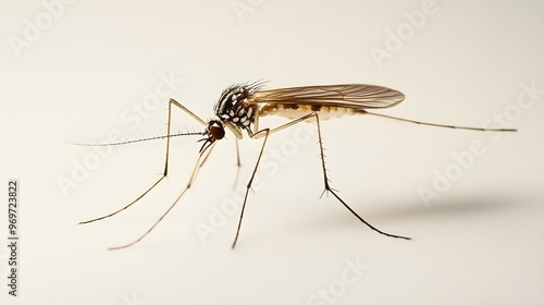 A close-up of a mosquito perched delicately on a light solid color background, showcasing its intricate wing patterns and slender body