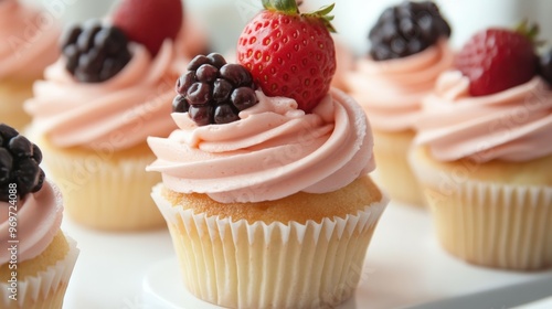 Delightful cupcakes with strawberries and blackberries on top