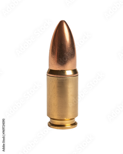 9mm handgun bullet with brass casing and copper tip isolated background