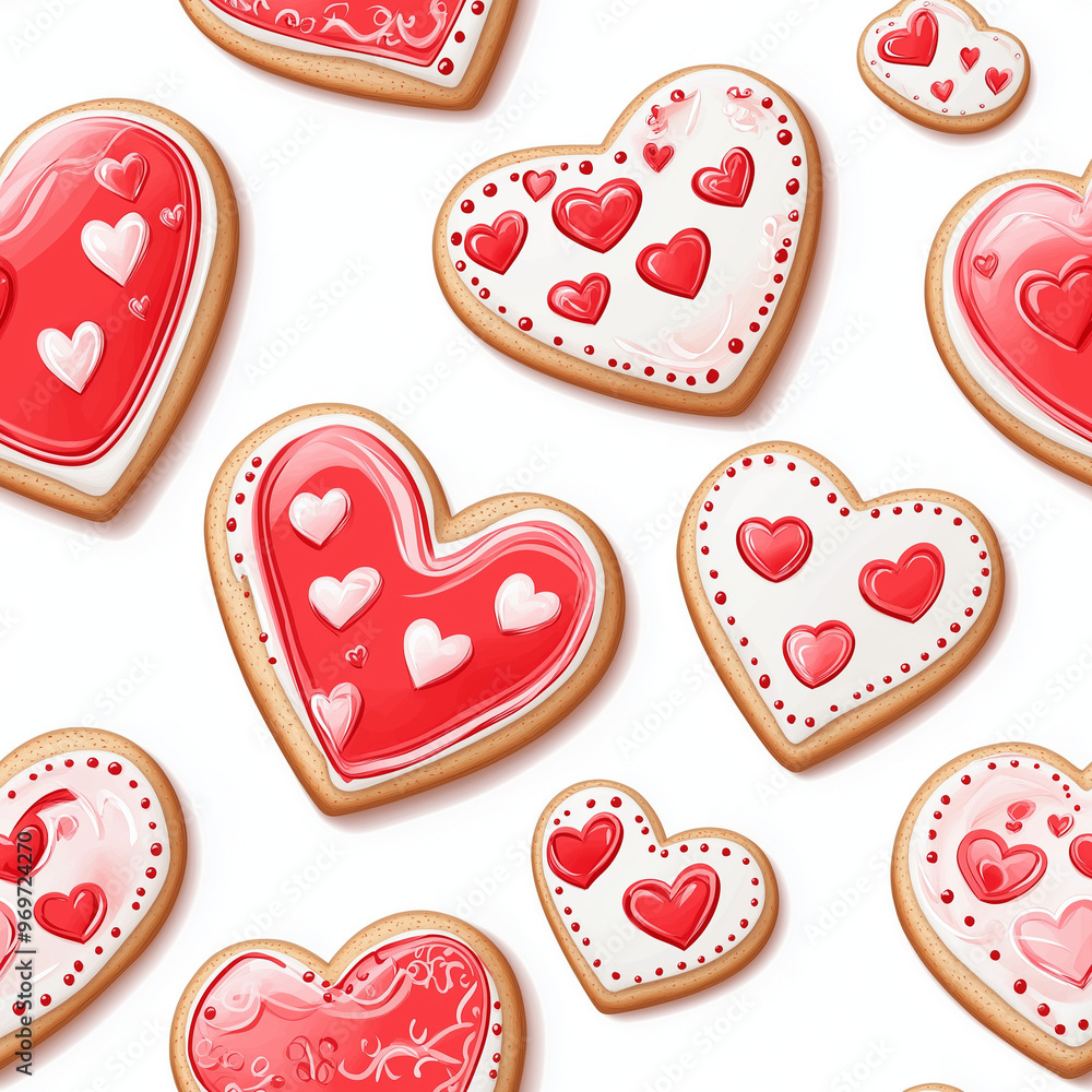 Seamless pattern of Valentine's Day decorated frosted heart shaped cookies Seamless pattern of Valentine's Day decorated frosted heart shaped cookies
