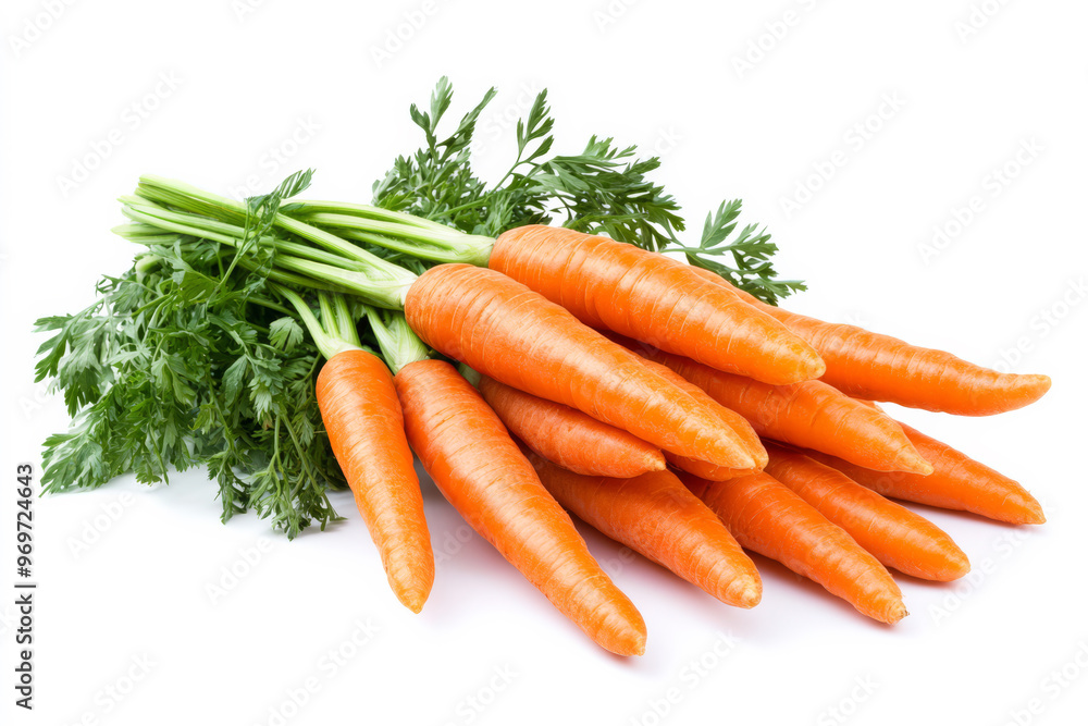 Vibrant Carrots with Green Tops on Clean White Surface Vibrant Carrots with Green Tops on Clean White Surface