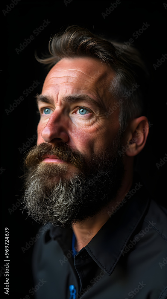 Thoughtful Bearded Man with Blue Eyes in Dramatic Lighting Thoughtful Bearded Man with Blue Eyes in Dramatic Lighting