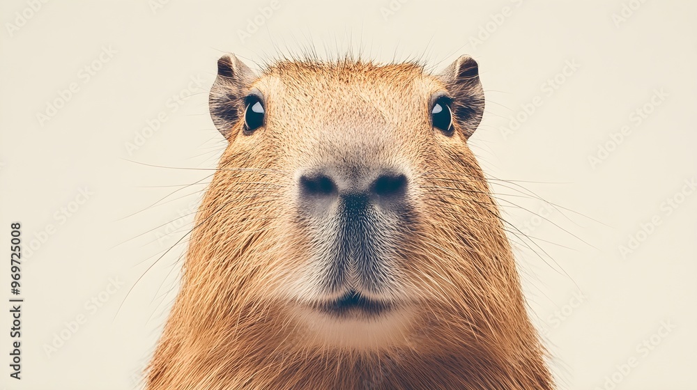 A close-up of a capybara's face, showcasing its expressive eyes and whiskers, against a light solid color background A close-up of a capybara's face, showcasing its expressive eyes and whiskers, against a light solid color background