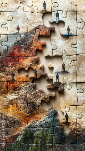 abstract puzzle with missing humanshaped pieces visual metaphor for workforce shortage and employment challenges photo