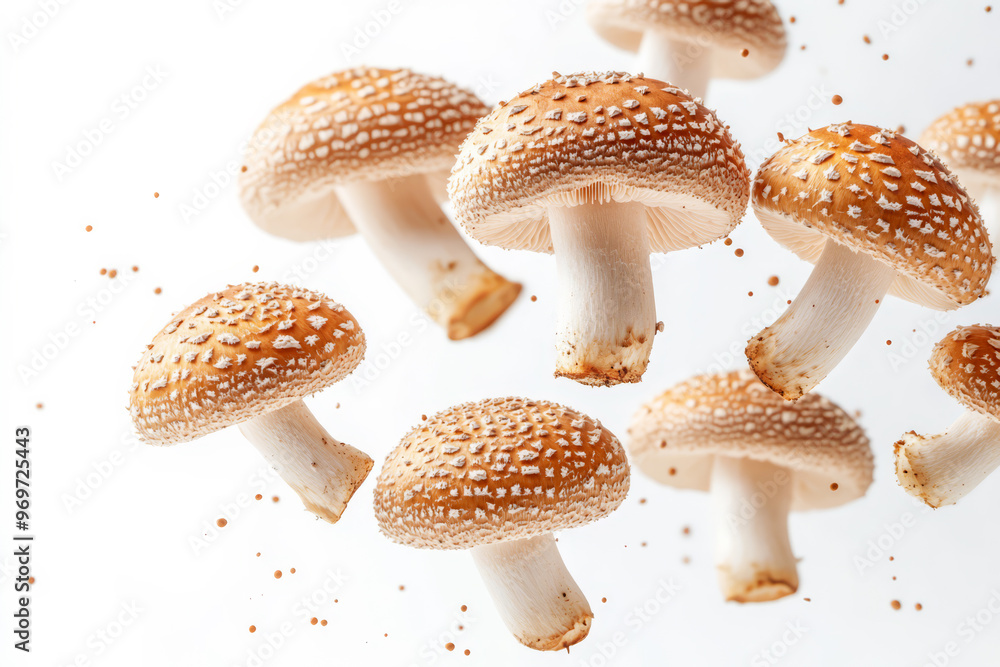 Obraz premium Fresh Mushrooms Scattering in the Air on White Background