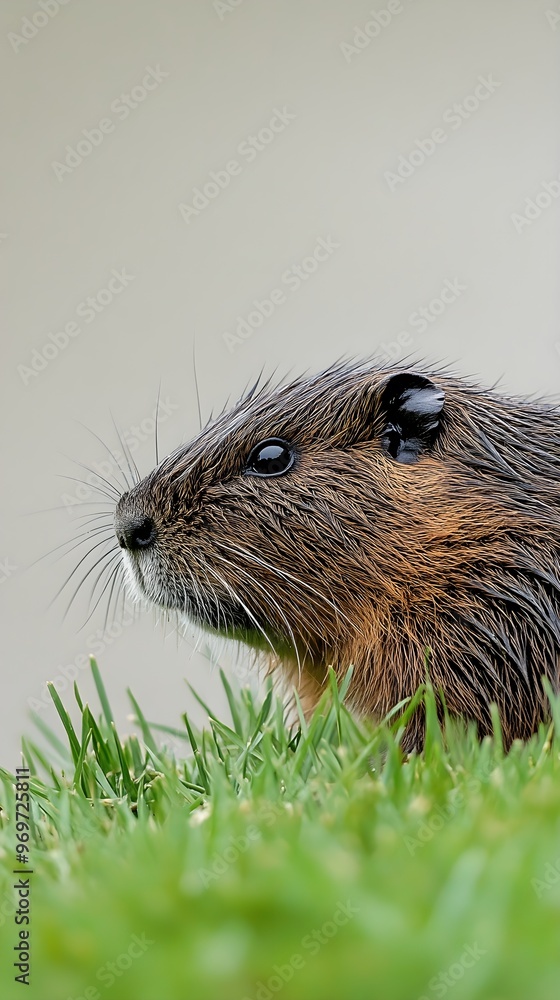 A profile view of a nutria rodent lounging on the grass, highlighting its distinctive features and soft fur, set against a light solid color background A profile view of a nutria rodent lounging on the grass, highlighting its distinctive features and soft fur, set against a light solid color background