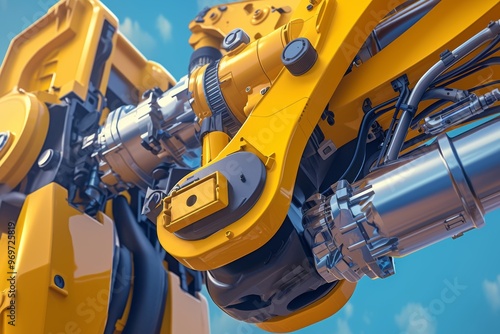 Detailed 3D Illustration of Mechanical Excavator's Hydraulic Arm - Complex Construction Machinery Engineering photo