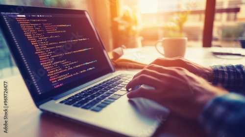 A person intently types code on a sleek laptop while enjoying coffee in a warm and inviting workspace, illuminated by golden hour light filtering through the windows photo