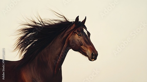 A close-up portrait of a wild horse showcasing its flowing mane and powerful physique against a light solid color background