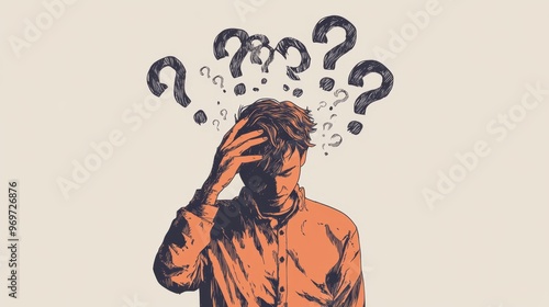 An adult man contemplating life with question marks above his head on a light gray background