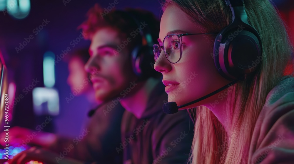 Two gamers focus intently on their screens while wearing headsets, surrounded by a dynamic and colorful gaming environment that enhances the competitive atmosphere Two gamers focus intently on their screens while wearing headsets, surrounded by a dynamic and colorful gaming environment that enhances the competitive atmosphere