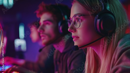 Two gamers focus intently on their screens while wearing headsets, surrounded by a dynamic and colorful gaming environment that enhances the competitive atmosphere