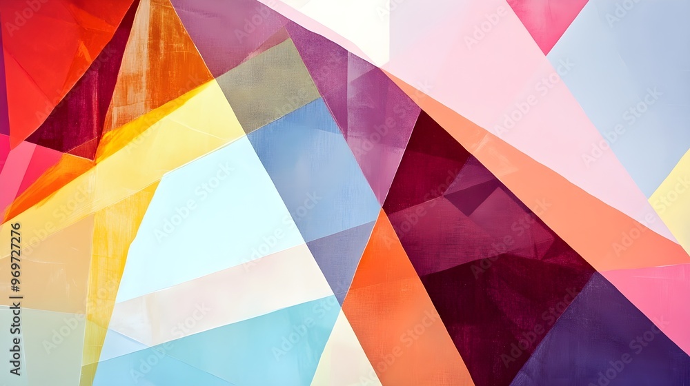 Fototapeta premium Geometric shapes intermingled in a colorful collage, providing a creative backdrop with a light solid color