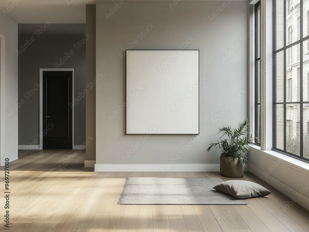 Modern living room with large windows and minimalist decor in daylight Modern living room with large windows and minimalist decor in daylight